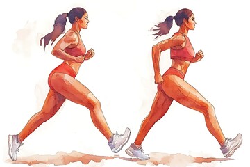 Two Female Runners in Watercolor Illustration.