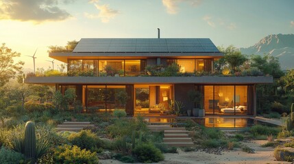 Poster - A stunning eco-friendly house features large windows and a spacious deck, surrounded by vibrant plants and mountains at sunset. Its solar panels highlight sustainability.
