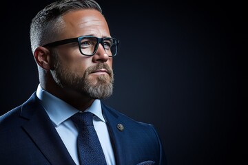 Businessman in a dark suit and glasses standing confidently in a dramatic dimly lit environment embodying corporate authority power and modern professionalism