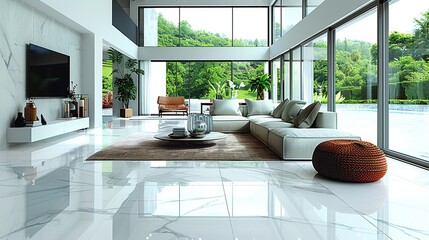 Wall Mural - Modern living room with large windows, a white sectional sofa, a coffee table, and an ottoman. The room has a marble floor and a view of a pool and lush greenery.