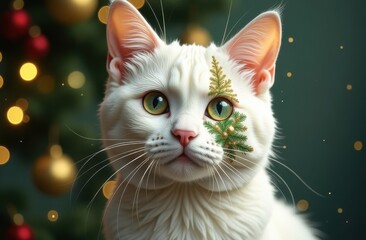  Christmas white cat with painted golden and green Christmas tree on face, festive background