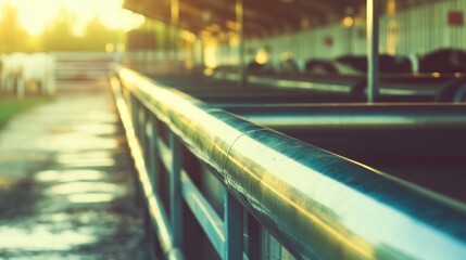 Wall Mural - A close-up of a metallic railing in a well-lit industrial setting.