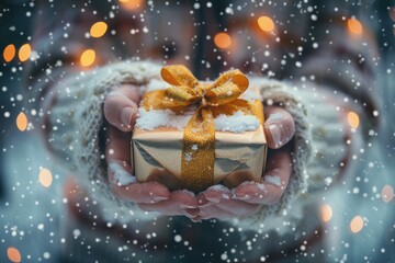Wall Mural - hands holding snow-covered gift box with golden bow in festive snowfall