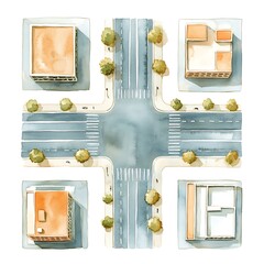 Wall Mural - Watercolor Illustration of a City Intersection with Buildings from an Aerial View.