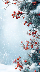 Wall Mural - Winter background design with christmas tree branches, decorations, red berries, snow, and snowflakes. Winter season wallpaper or vertical banner for Instagram story with copy space