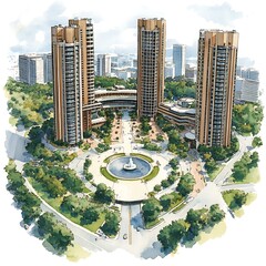 Sticker - Watercolor Illustration of Three Skyscrapers with a Fountain in the Center of a Park.