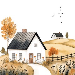 Poster - Watercolor Illustration of a Countryside Cottage with Birds Flying Overhead.