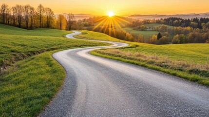 Wall Mural - a sunny anime country road with gentle curves, green hills, and vibrant trees, leading off into the 