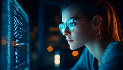 A female programmer in glasses working on a computer with blue light at night, illustrating a data science and technology concept.