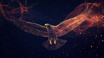 Wall Mural - abstract mash line and point eagle in flames style on dark background with an inscription. starry sk