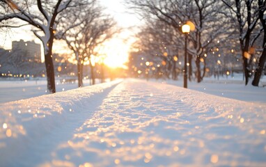 Snowy path leading to distant street light