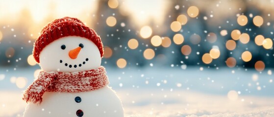 Wall Mural - snowman wearing red hat and scarf
