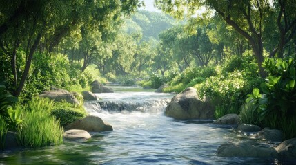 Sticker - A serene river flows through a lush green forest, surrounded by rocks and vibrant vegetation.