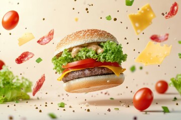 Aufkleber - This tasty burger showcases fresh lettuce, tomatoes, cheese, and meat scattered around, highlighting its appetizing ingredients and preparations. Generative AI