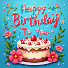 Greeting card. Colorful birthday cake with pink and red flowers, surrounded by green leaves, against a blue background. Above the cake, there's a festive greeting that reads Happy Birthday To You.