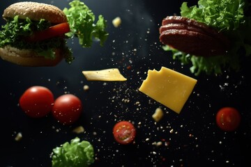 Aufkleber - Fresh lettuce, juicy tomatoes, cheese slices, and meat pieces are artistically scattered, showcasing ideal burger ingredients. Generative AI