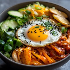 Delicious Korean Bowl Dish with Rice,Vegetables,and Fried Egg