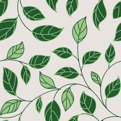 Fototapete - Seamless pattern with abstract green stem with leaves silhouette. Grey background with leaves. Vintage hand drawn wallpaper. Vector stock illustration.