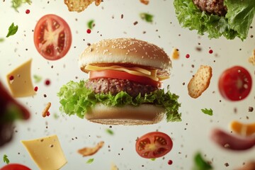 Poster - A burger hovers in mid-air while ingredients such as lettuce, tomatoes, cheese, and meat are scattered artistically around it. Generative AI
