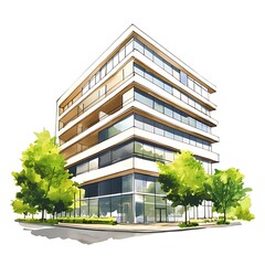 Wall Mural - Watercolor Illustration of a Modern Office Building with Green Trees.