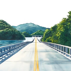 Wall Mural - Watercolor Painting of a Bridge Over a Lake with Mountains in the Background.