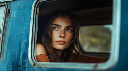 beautiful woman looking out the window in a motor home