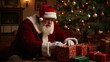 ©  Elvira Astahova - Traditional Santa Claus secretly placing gifts under illuminated Christmas tree in cozy festive setting