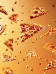 Poster - Slices of pizza soar diagonally against a warm orange backdrop, creating an energetic atmosphere perfect for a tasty food celebration. Generative AI