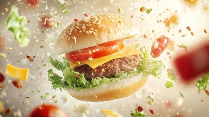 Aufkleber - A mouthwatering burger featuring fresh ingredients like lettuce, tomatoes, cheese, and meat, suspended in a visually appealing manner. Generative AI