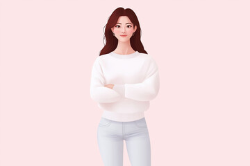 Stylized young woman in casual attire posing confidently against a soft pink background