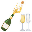 © Olga Shulgina - Champagne bottle opening with popping cork and glasses watercolor illustration. Hand drawn set image of festive sparkling wine on isolated background. Clipart for menu and bar.