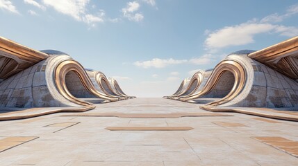 Sticker - Futuristic architectural landscape with smooth, flowing structures under a clear sky.