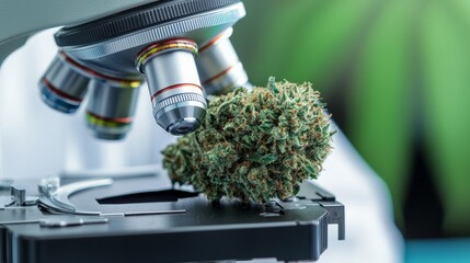 Microscope examining cannabis bud on black platform, blurred green background.