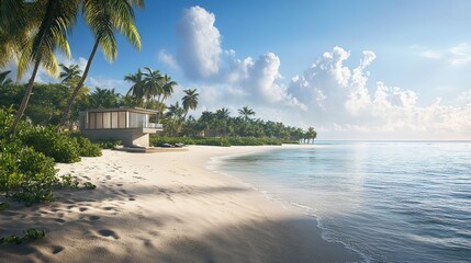 Poster - A serene beach scene with palm trees and a modern house by the water.