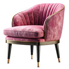 Modern and luxurious pink chair with black wooden legs isolated on a white background. Furniture Collection.