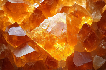 shot of bright orange citrine crystals, highlighting their faceted surfaces and warm glow.