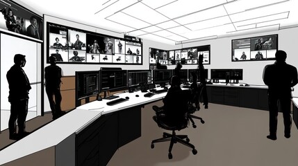 Poster - A modern control room with multiple screens displaying video feeds and personnel monitoring.