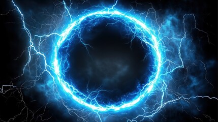 Aufkleber - Abstract blue lightning scene with a glowing circular frame on a dark backdrop, creating a fantastical world view. The high-resolution, high-quality, and high-detail render showcases cinematic lightin