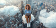 © IBEX.Media - A young businesswoman sits on a cloud high above the city, working on her laptop, symbolizing remote work, creativity, and modern cloud computing. The image blends fantasy with urban technology