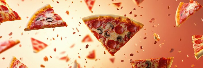 Poster - Colorful pizza slices soar diagonally, adding a lively touch to the atmosphere, perfect for conveying a festive message. Generative AI