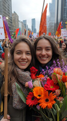 beautiful two happy women holding colorful flowers