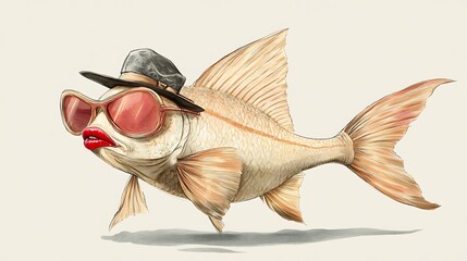 Wall Mural - Fish with Sunglasses and a Hat.