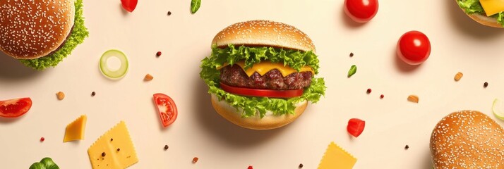 Poster - A delicious burger sits in the center with fresh lettuce, cheese, tomatoes, and various ingredients artistically scattered around. Generative AI