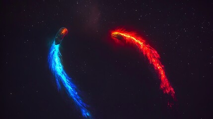 Wall Mural - two glowing comets with blue and red trails streak across a black night sky with stars.