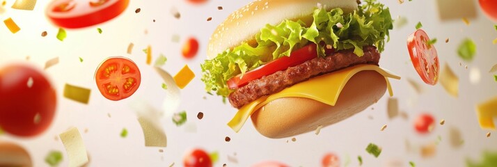 Poster - Fresh burger ingredients including lettuce, tomatoes, cheese, and meat are scattered in the air, creating a vibrant culinary display. Generative AI