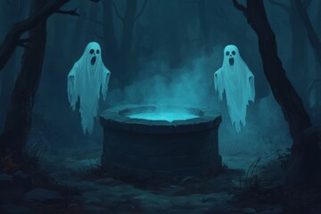 Two ghostly figures hover over a misty well in a dark forest.