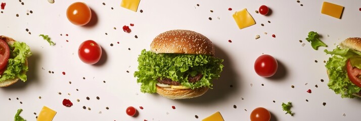 Poster - Fresh ingredients are artfully arranged around a classic burger featuring lettuce, tomato, cheese, and a beef patty on a counter. Generative AI