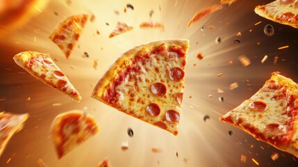 Poster - Vibrant slices of pepperoni pizza soar through a lively background, offering a fun and engaging space for text and creativity. Generative AI