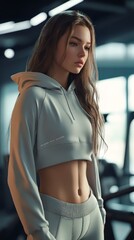 Wall Mural - fashion-forward athleisure, model in high-waisted leggings and cropped hoodie, modern gym background