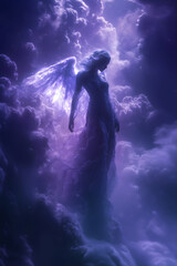 Violet angel, seventh ray of light (Archangel Zadkiel), representing the Violet Flame of Saint Germain. Divine energy, transformation, dissolving blockades. Peaceful poster, wallpaper, background.
